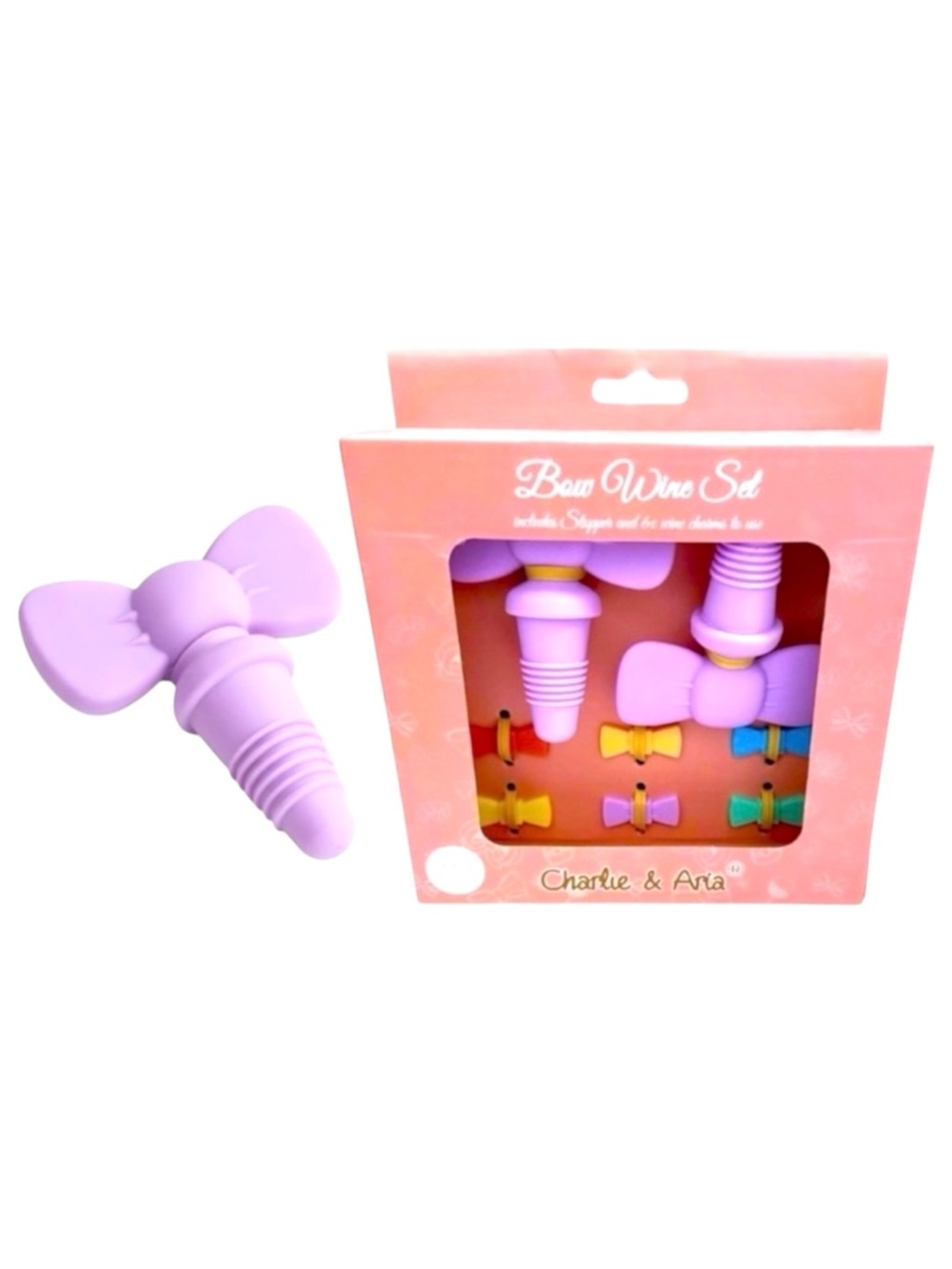 Silicone Wine Glass Charms Set 6 Bow Drink Markers + 2 Bottle Stoppers Wine Gift